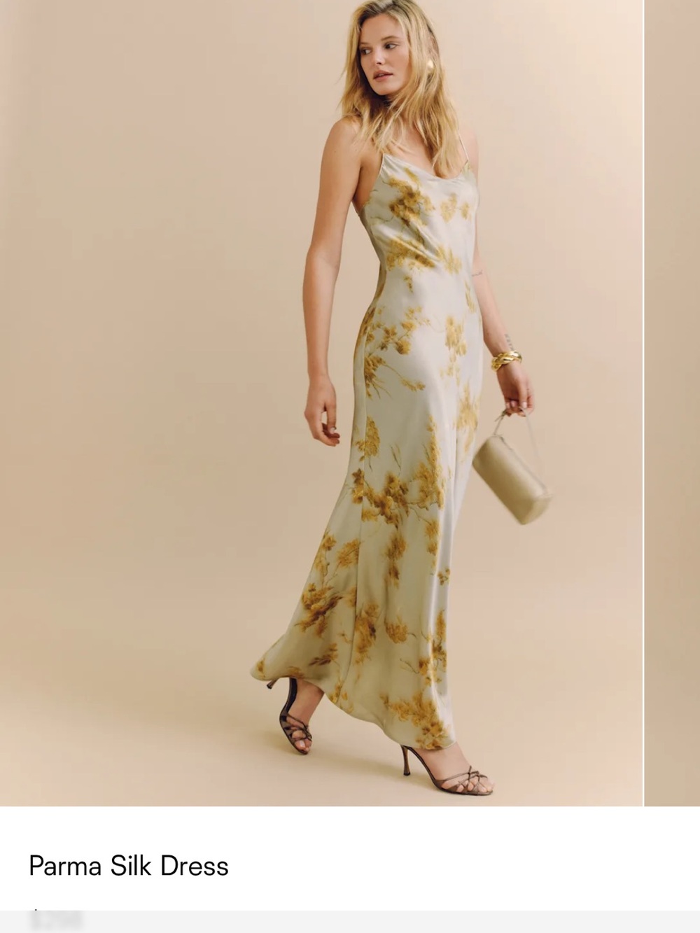 Reformation Parma Silk Maxi Dress in Pale Sage with Mustard Floral